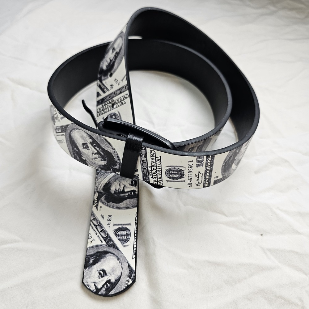 Mens 100 Dollar Bills Money Black White Faux Leather Belt Medium Size 32-34